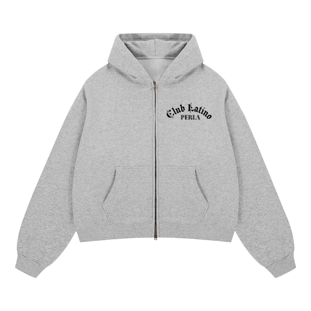 Club Latino Chest Print Boxy Cropped Zip Hoodie | PERLA
