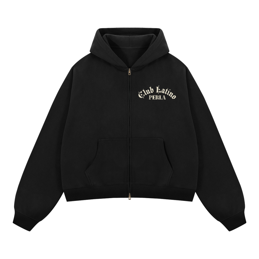 Club Latino Chest Print Boxy Cropped Zip Hoodie | PERLA