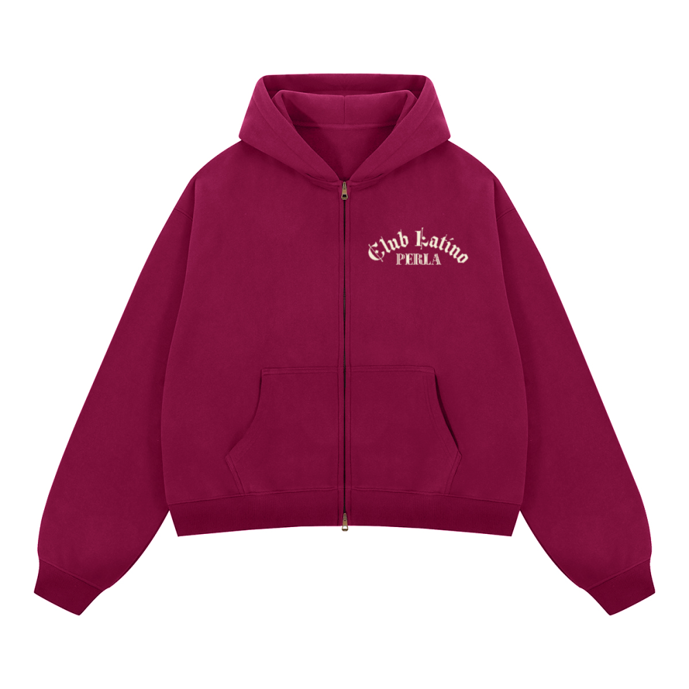 Club Latino Chest Print Boxy Cropped Zip Hoodie | PERLA