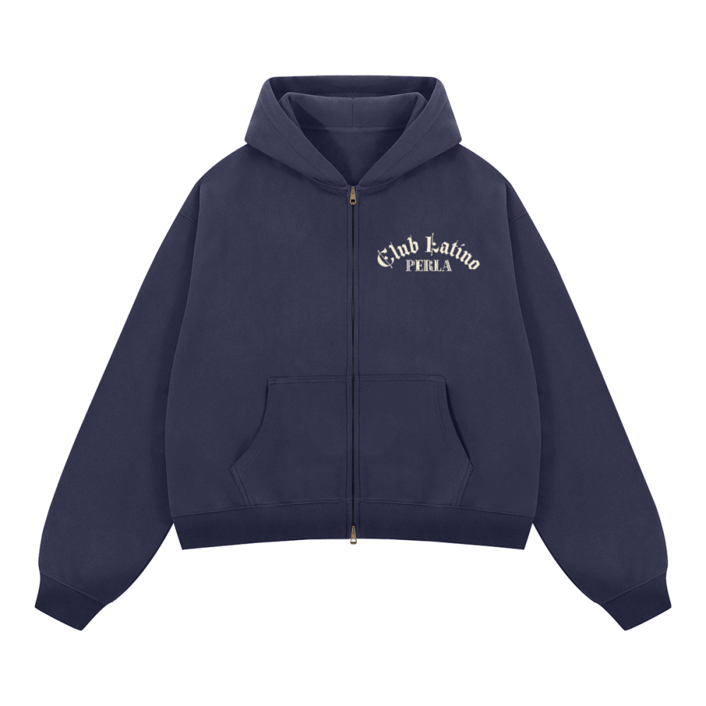 Club Latino Chest Print Boxy Cropped Zip Hoodie | PERLA