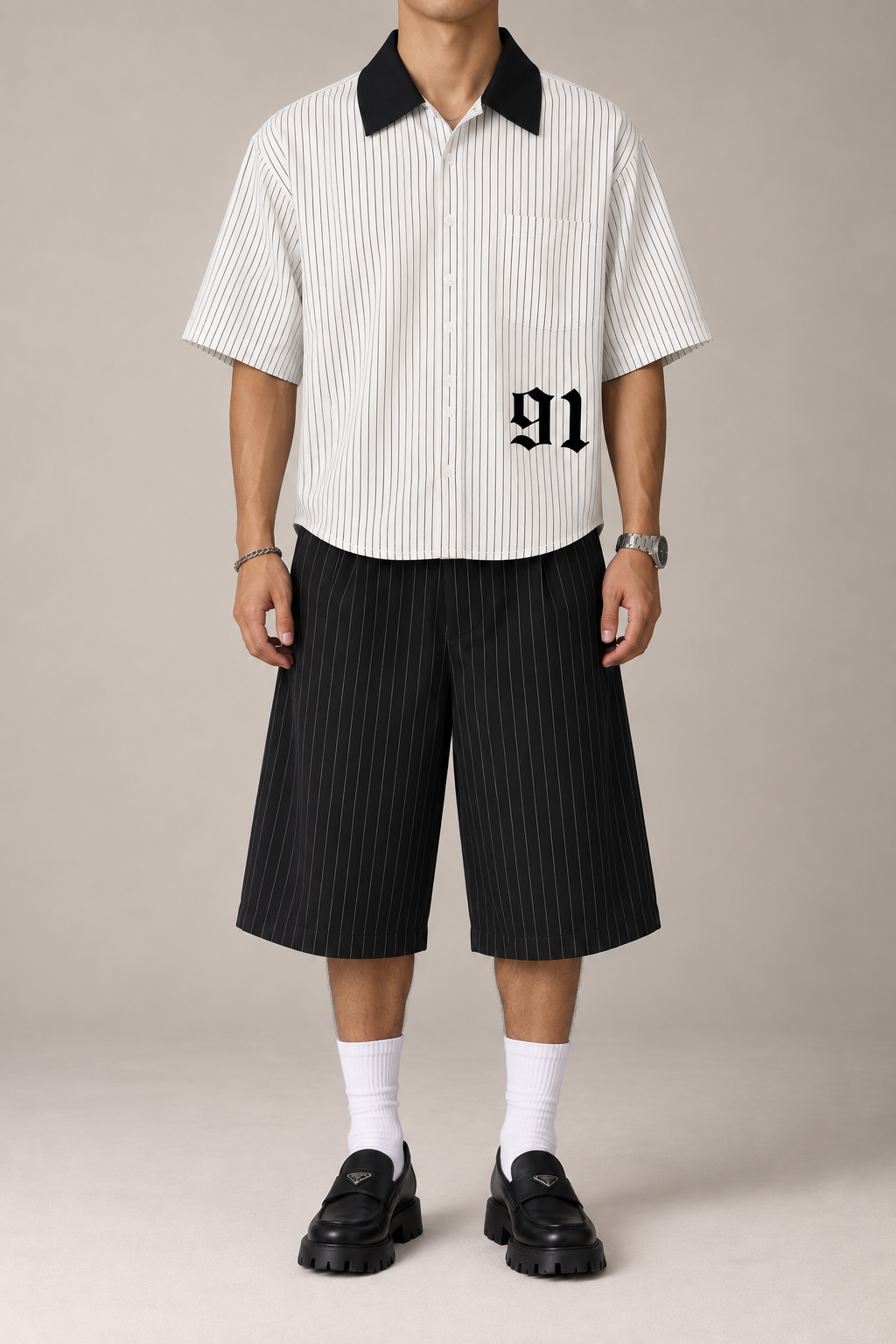 PERLA 91 Contrast Collar Stripe Shirt