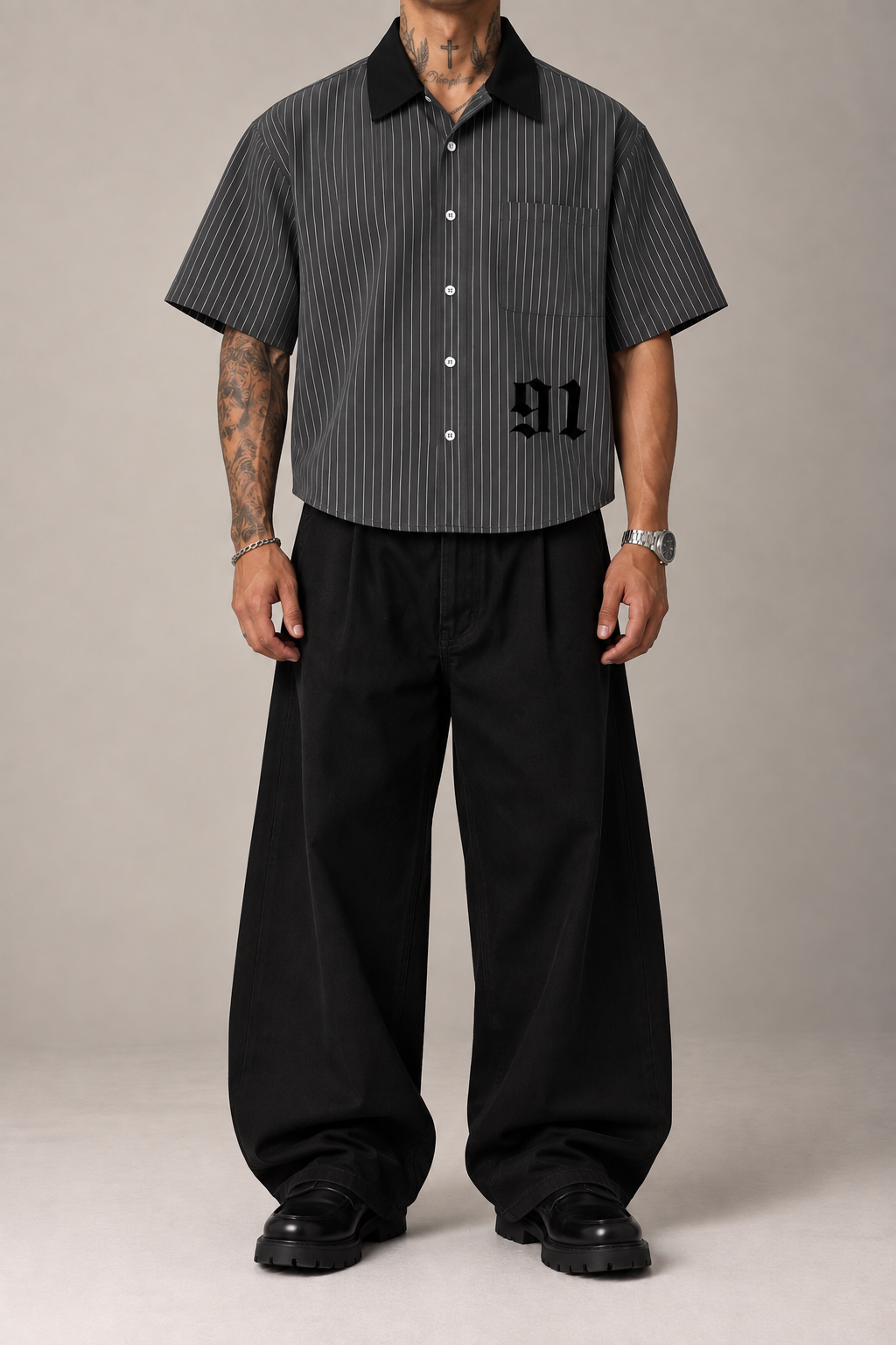 PERLA 91 Contrast Collar Stripe Shirt